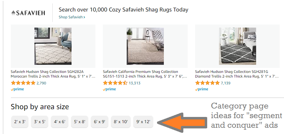 Amazon's search filter suggestions on the keyword "rug" - shop by area size - provide inspiration for how advertisers can segment the audience for rugs using Sponsored Brand Store Spotlight ads. Create category pages around rug sizes for "segment and conquer" ads.