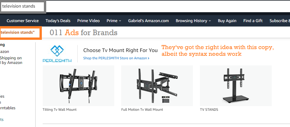 Amazon Sponsored Brand Store Spotlight ads targeting the keyword television stands. Showing segmentation copy.